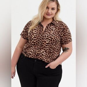 Leopard Stretch Challis Button Down Shirt